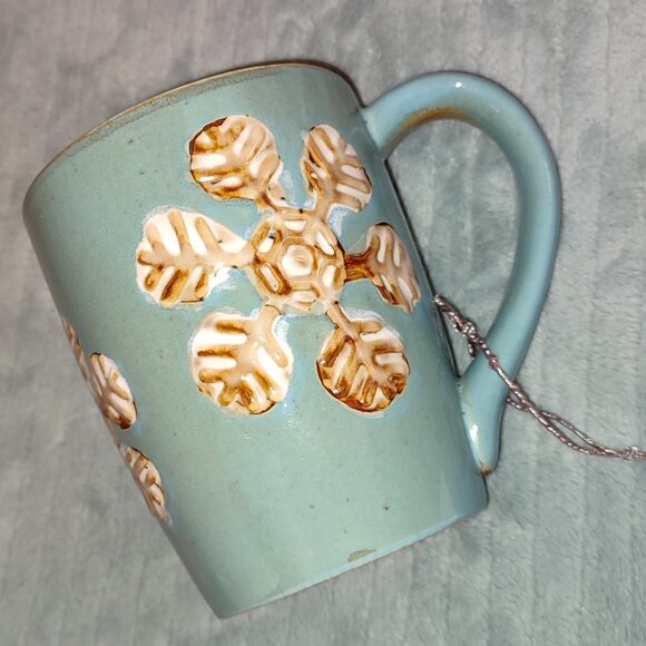 Blue Mug with Coffee Snowflakes Christmas Winter Tea Ceramic Embossed Pattern - Picture 1 of 8